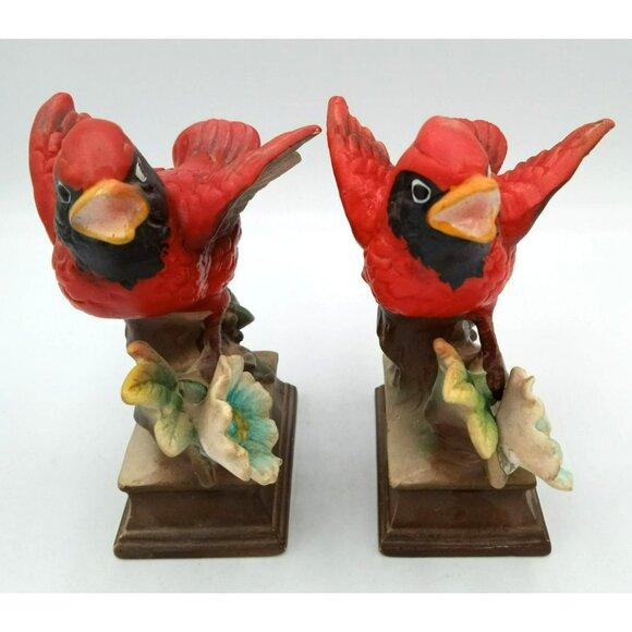 Bird Figurines Cardinals Hand Painted Ceramic Perched Flower Vintage Pair 4.25" - Picture 10 of 15